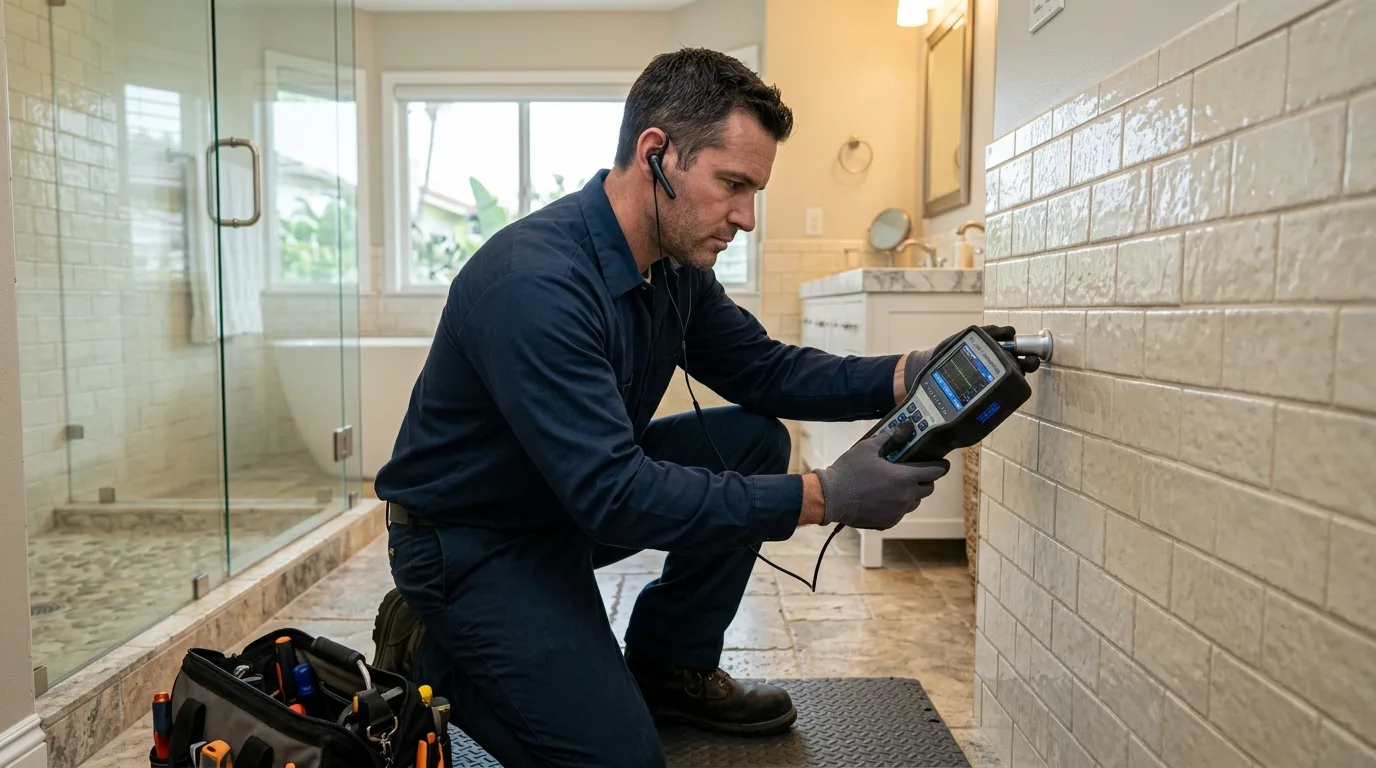 Technician using acoustic leak-detection equipment against a tiled bathroom wall