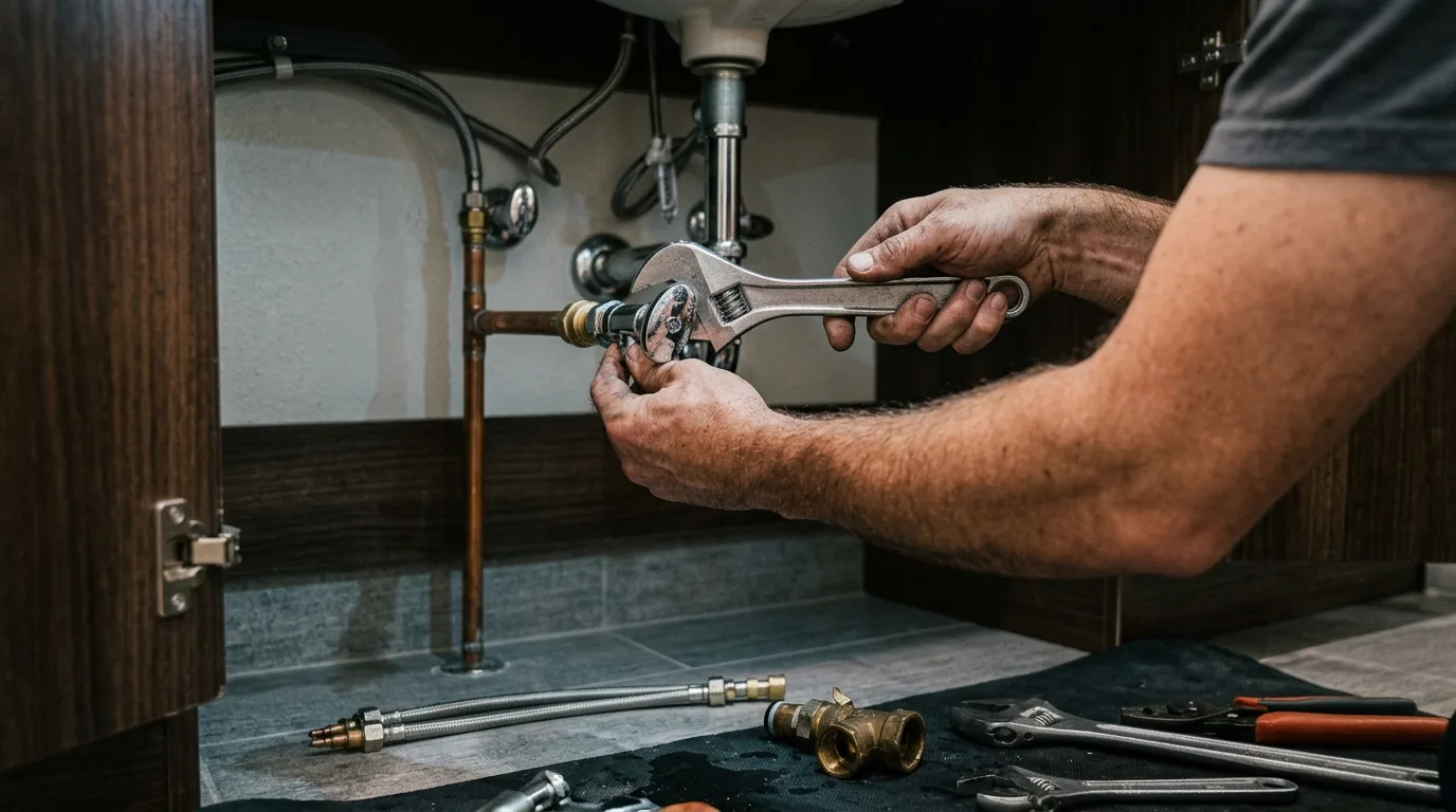 Close-up of a plumber replacing an angle-stop valve beneath a sink
