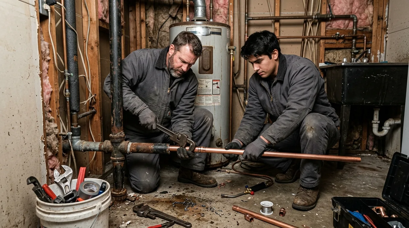 Two plumbers fitting new copper pipe beside a utility-room water heater