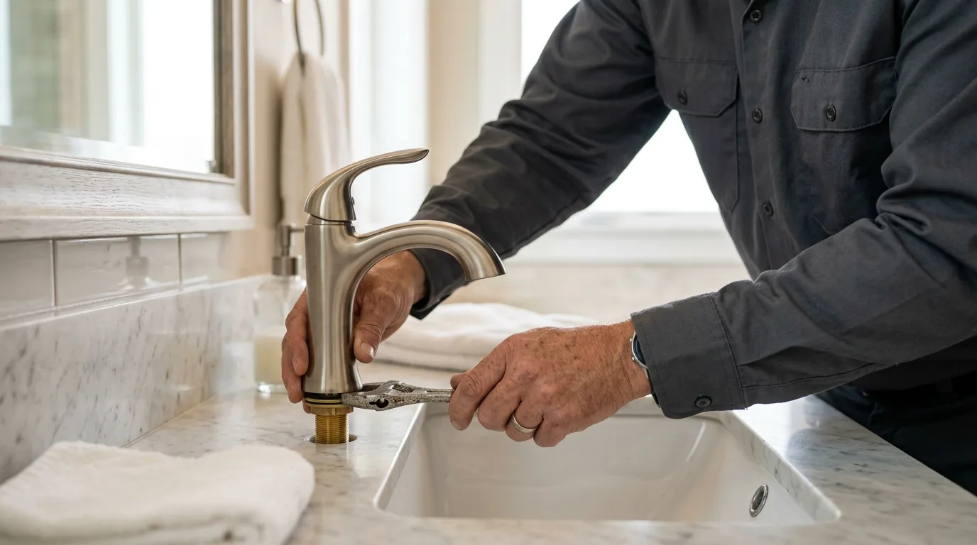 Plumber setting a new bathroom faucet on a marble vanity