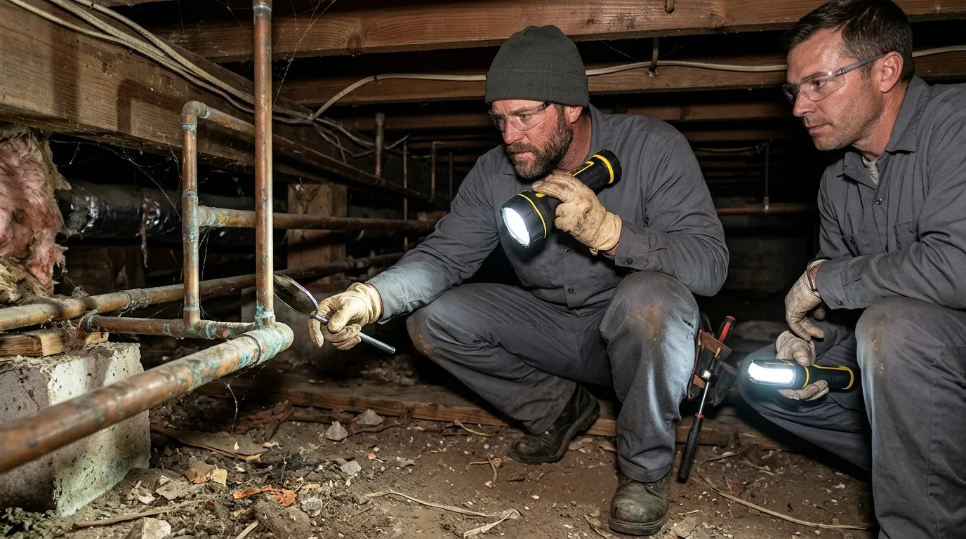 Two plumbers inspecting corroded copper piping in a crawlspace by flashlight