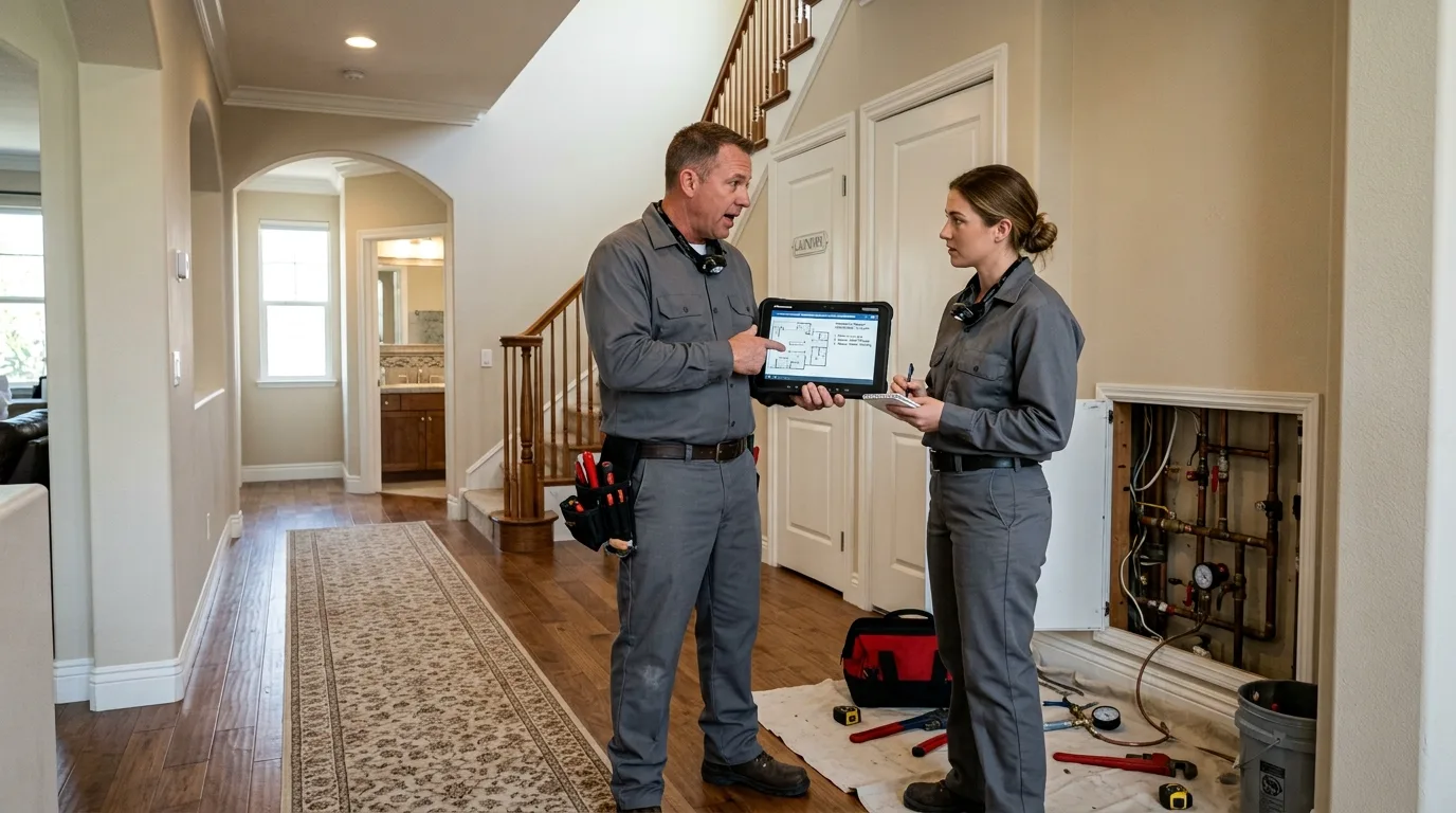 Two plumbers reviewing a job on a tablet beside an open plumbing access panel