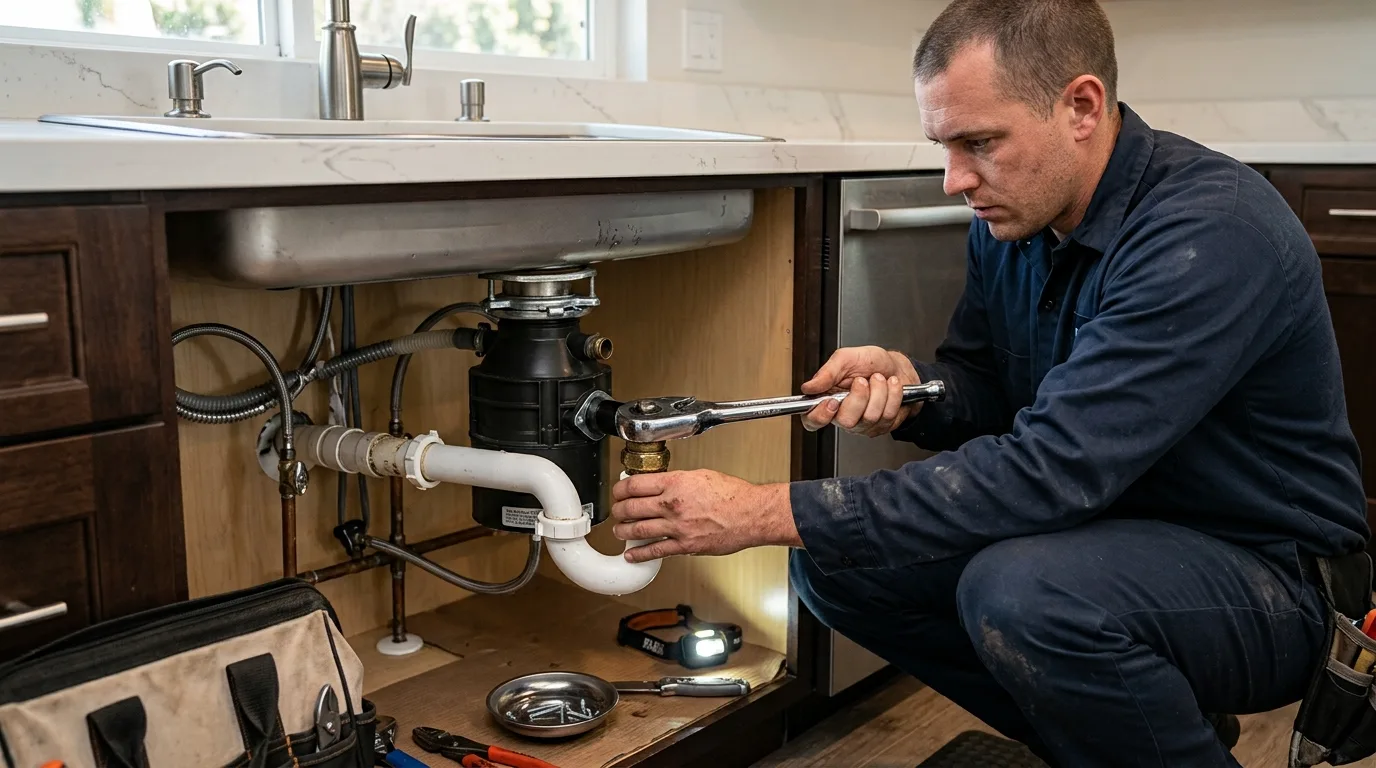 Plumber tightening the drain fitting on a kitchen garbage disposal