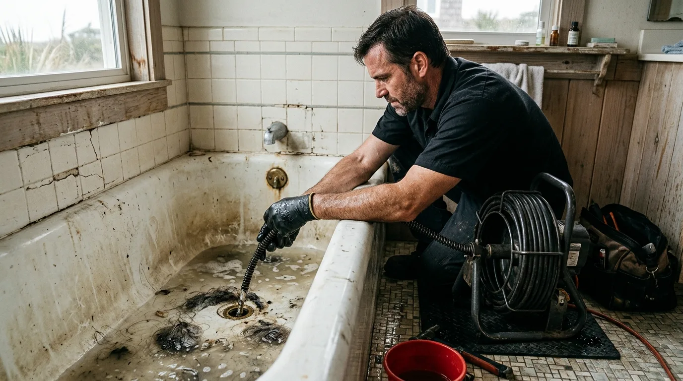 Plumber feeding a drain snake into a bathtub drain to clear a hair clog