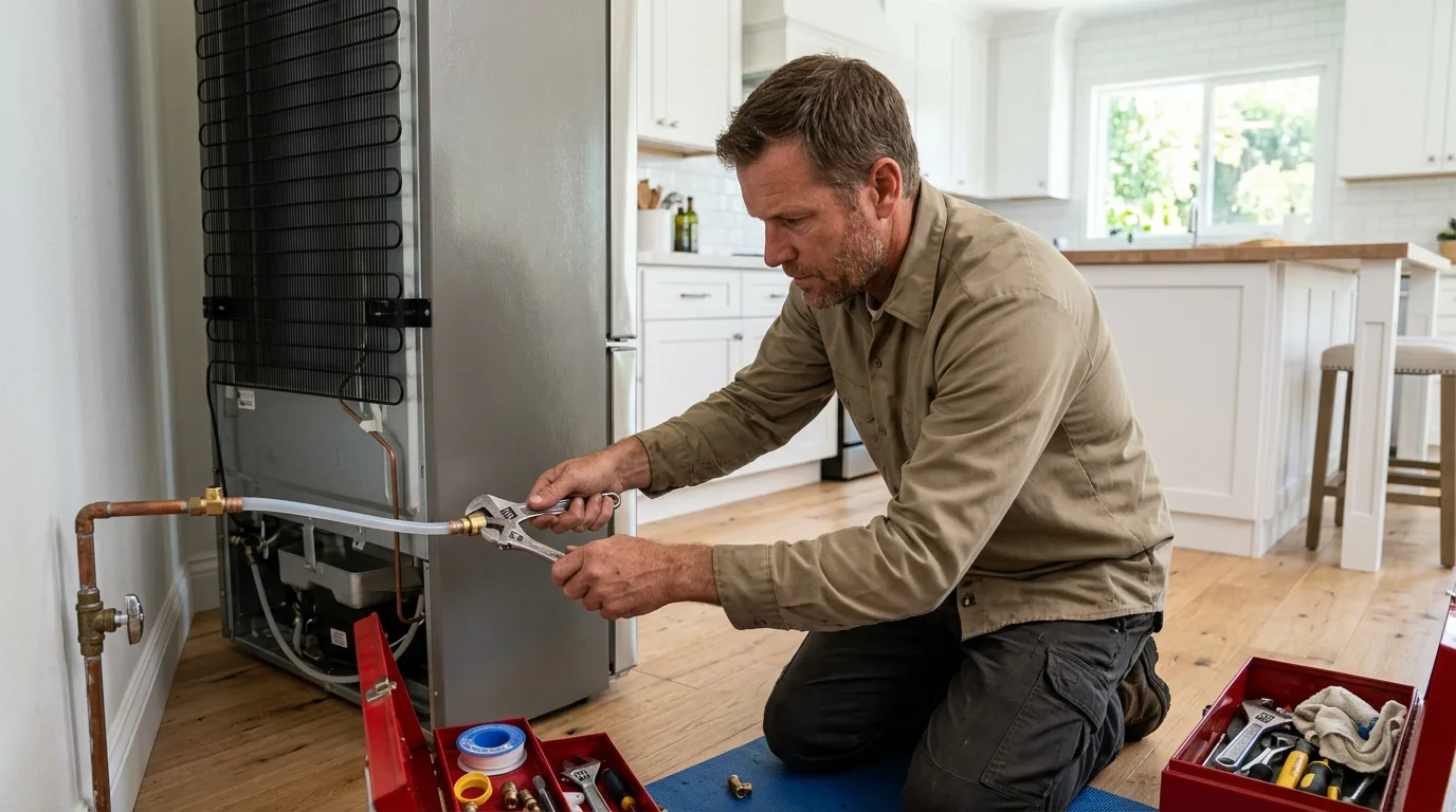 Plumber tightening the water supply line behind a refrigerator