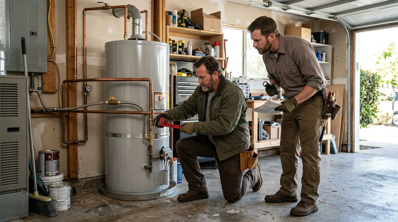 Two plumbers inspecting the fittings on a garage water heater