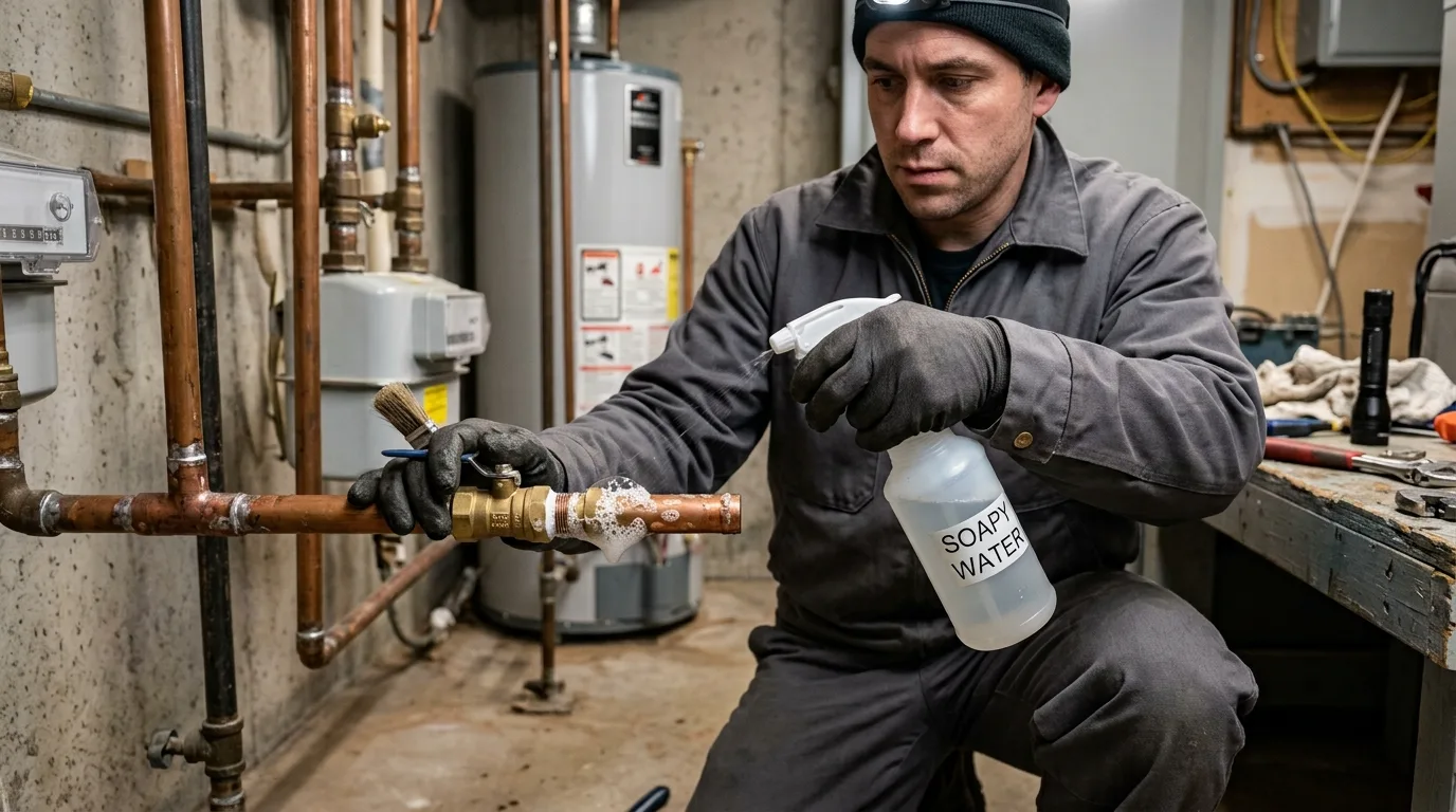 Plumber brushing soapy water onto a gas line fitting to test for leaks