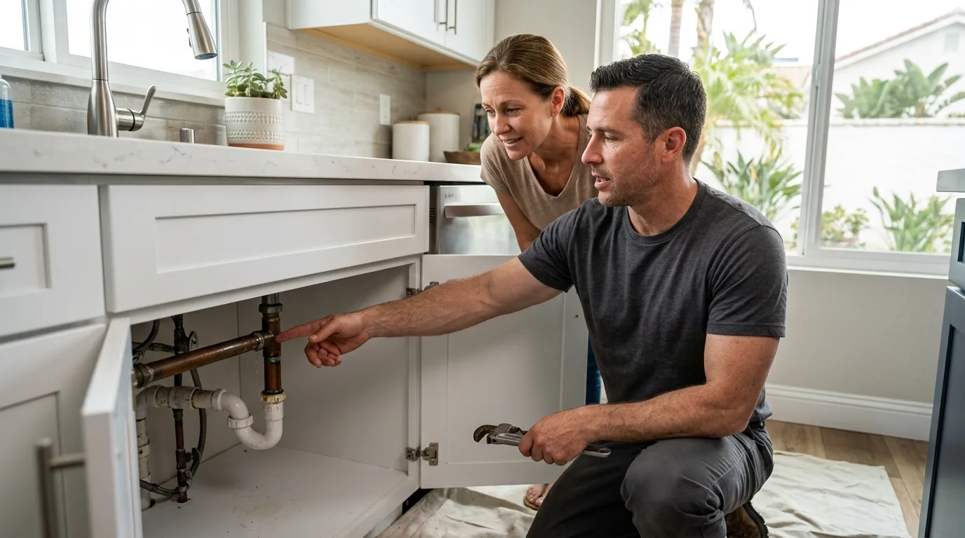 Plumber showing a homeowner the corroded pipe under her kitchen sink