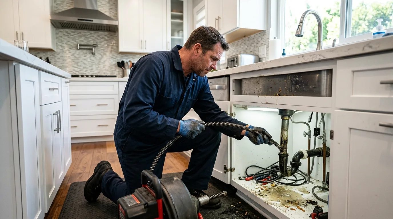 Plumber running a powered auger into a kitchen sink drain line