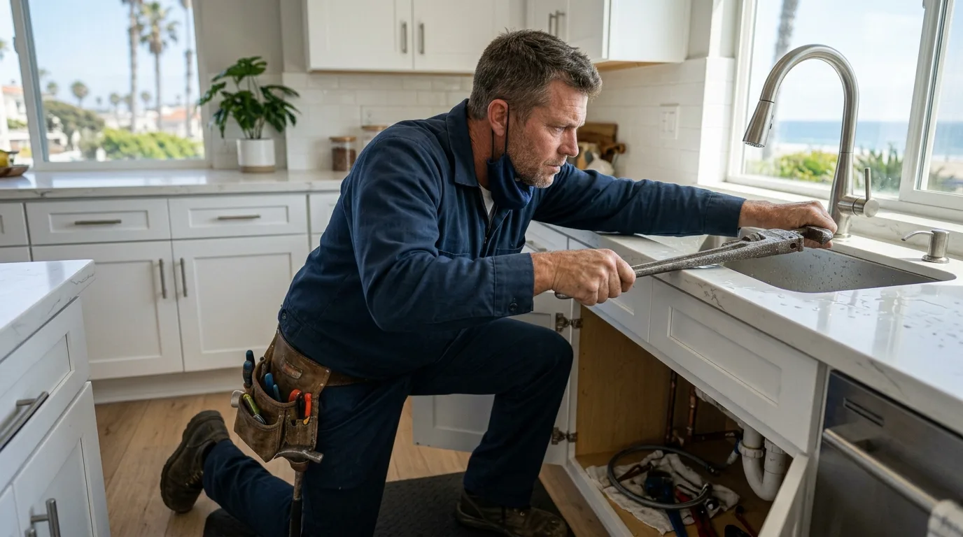 Plumber loosening a kitchen faucet nut beneath a coastal-home sink
