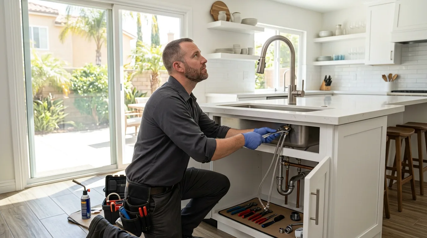 Plumber connecting the supply lines under a new kitchen island sink
