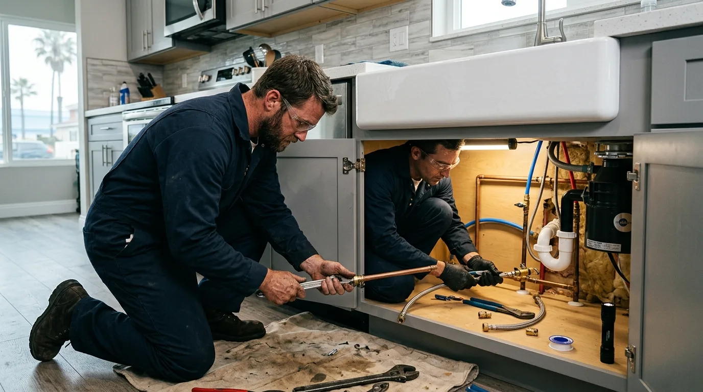 Two plumbers connecting the drain and supply rough-in under a new kitchen sink