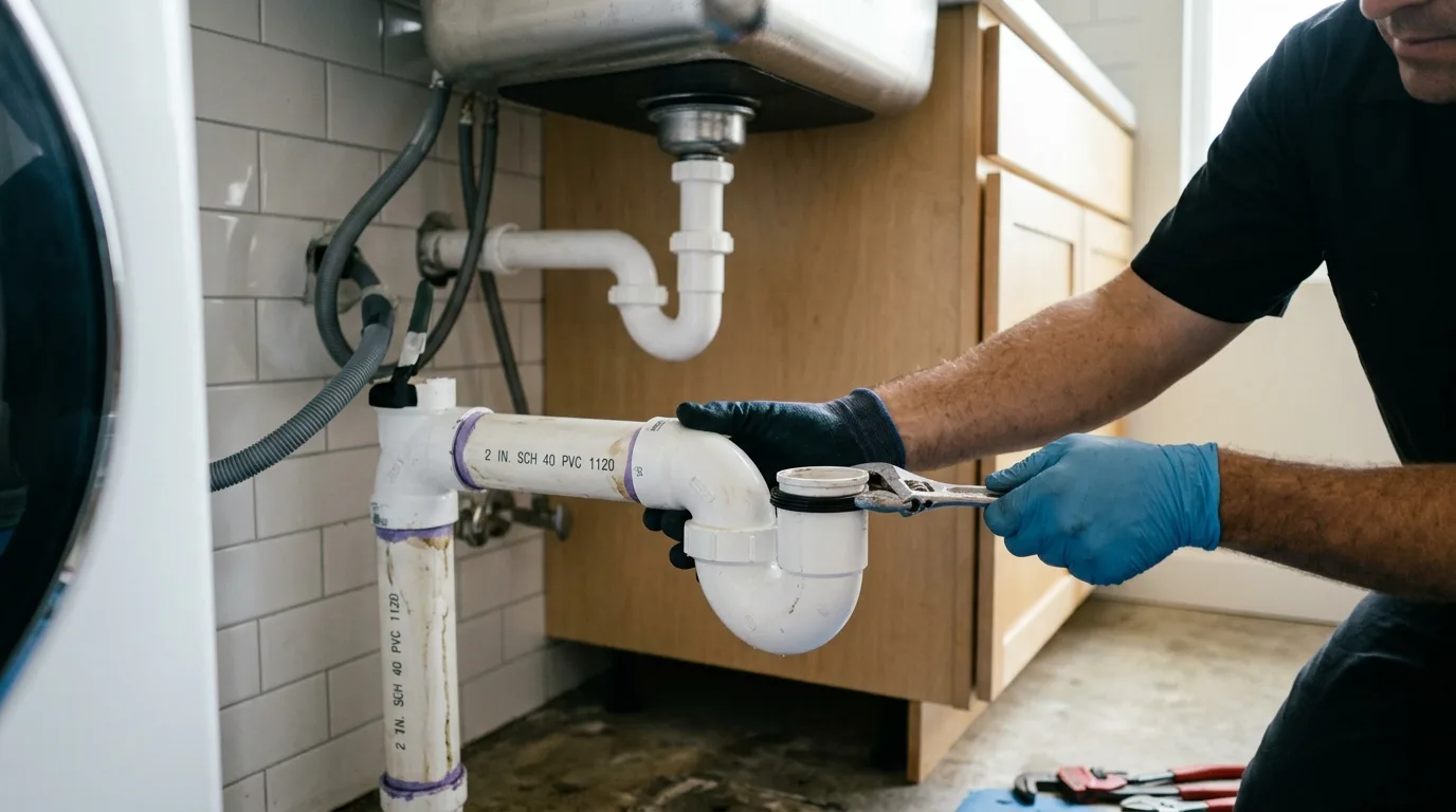 Plumber replacing the PVC trap on a laundry-room sink