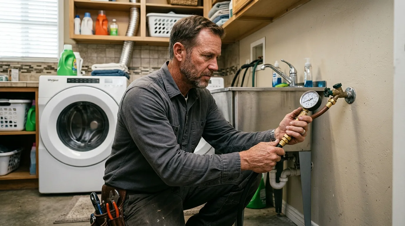 Plumber taking a static pressure reading with a gauge on a laundry-room hose bibb