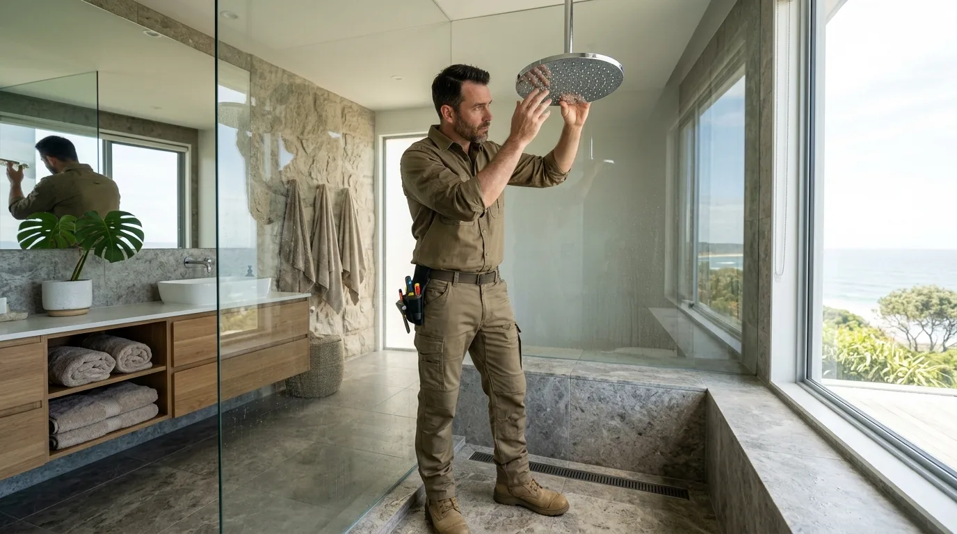 Plumber checking the flow on a rain showerhead in a coastal bathroom