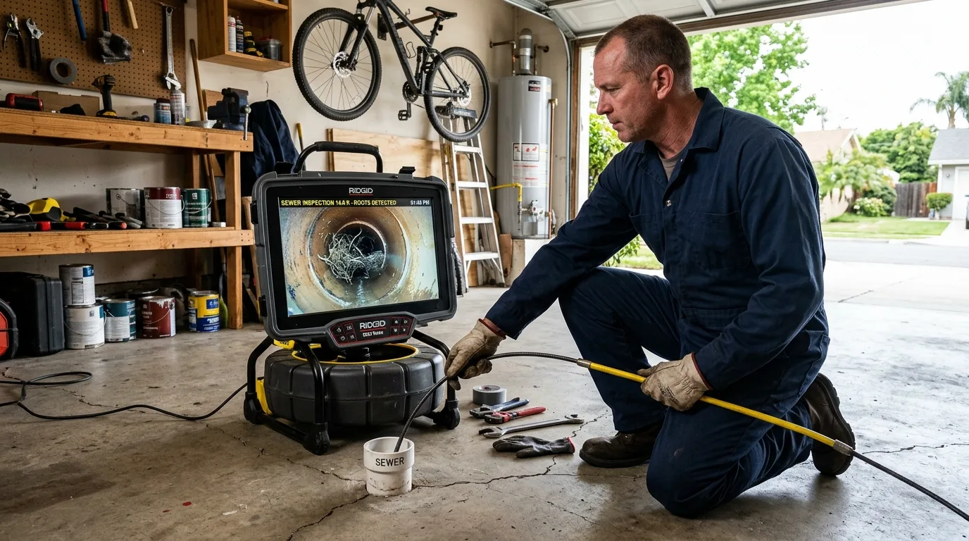 Plumber watching the monitor while feeding a sewer camera into a garage cleanout