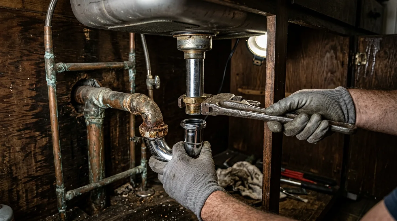 Close-up of a plumber replacing a corroded sink tailpiece and trap