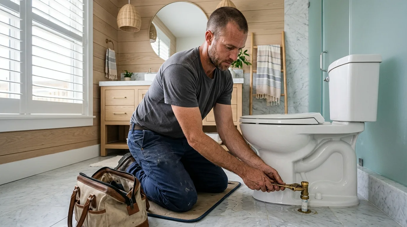 Plumber tightening the supply connection at the base of a toilet