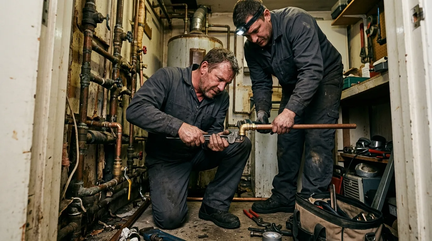 Two plumbers replacing corroded pipework in a commercial utility room