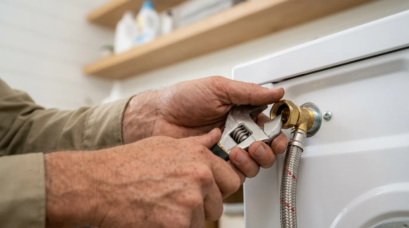 Plumber tightening a brass washing-machine hose bibb with an adjustable wrench