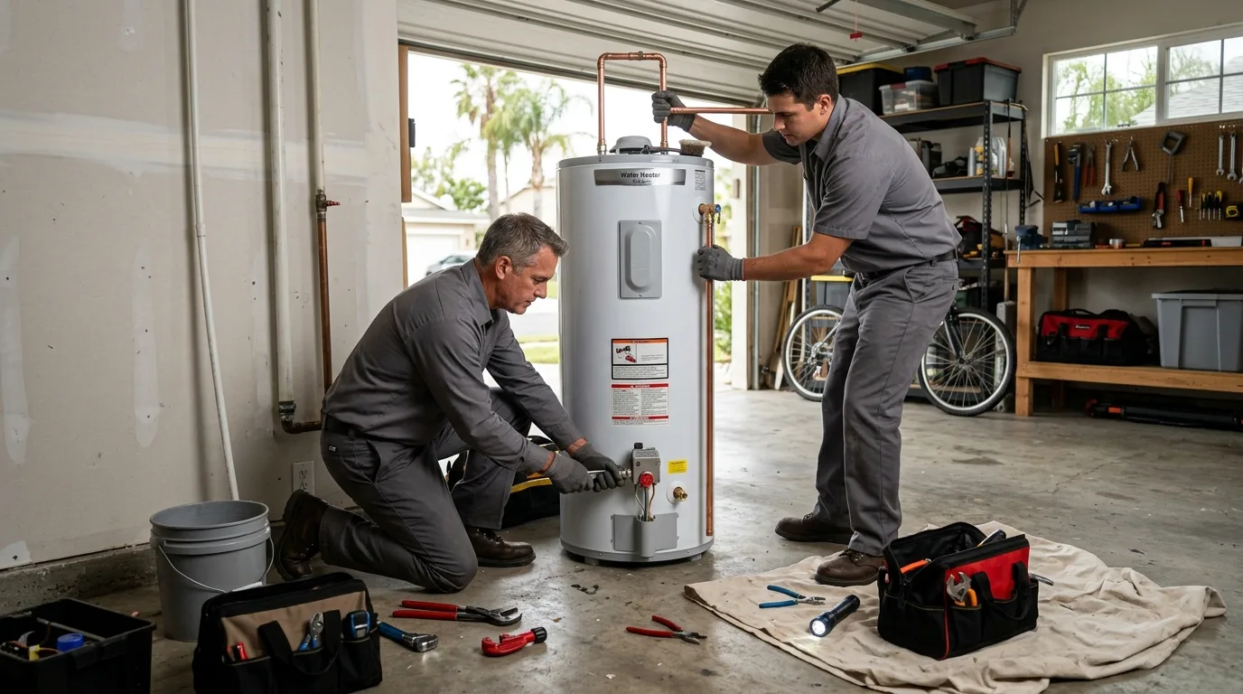 Two plumbers installing a new water heater in a garage
