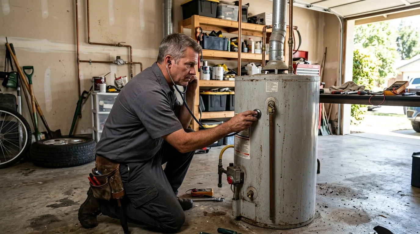 Plumber listening to a water heater tank with a stethoscope to trace a noise