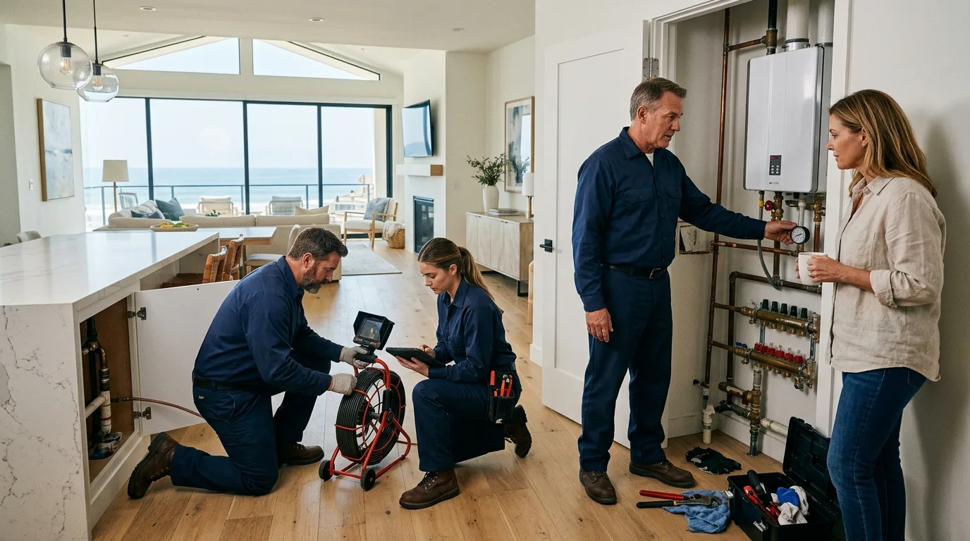 Plumbing crew running a camera line and checking the manifold in a coastal home